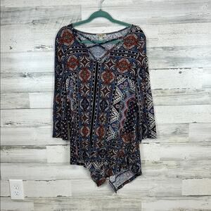 One World Boho Abstract Print Asymmetrical Hep Lattice Collar Top Women’s XL